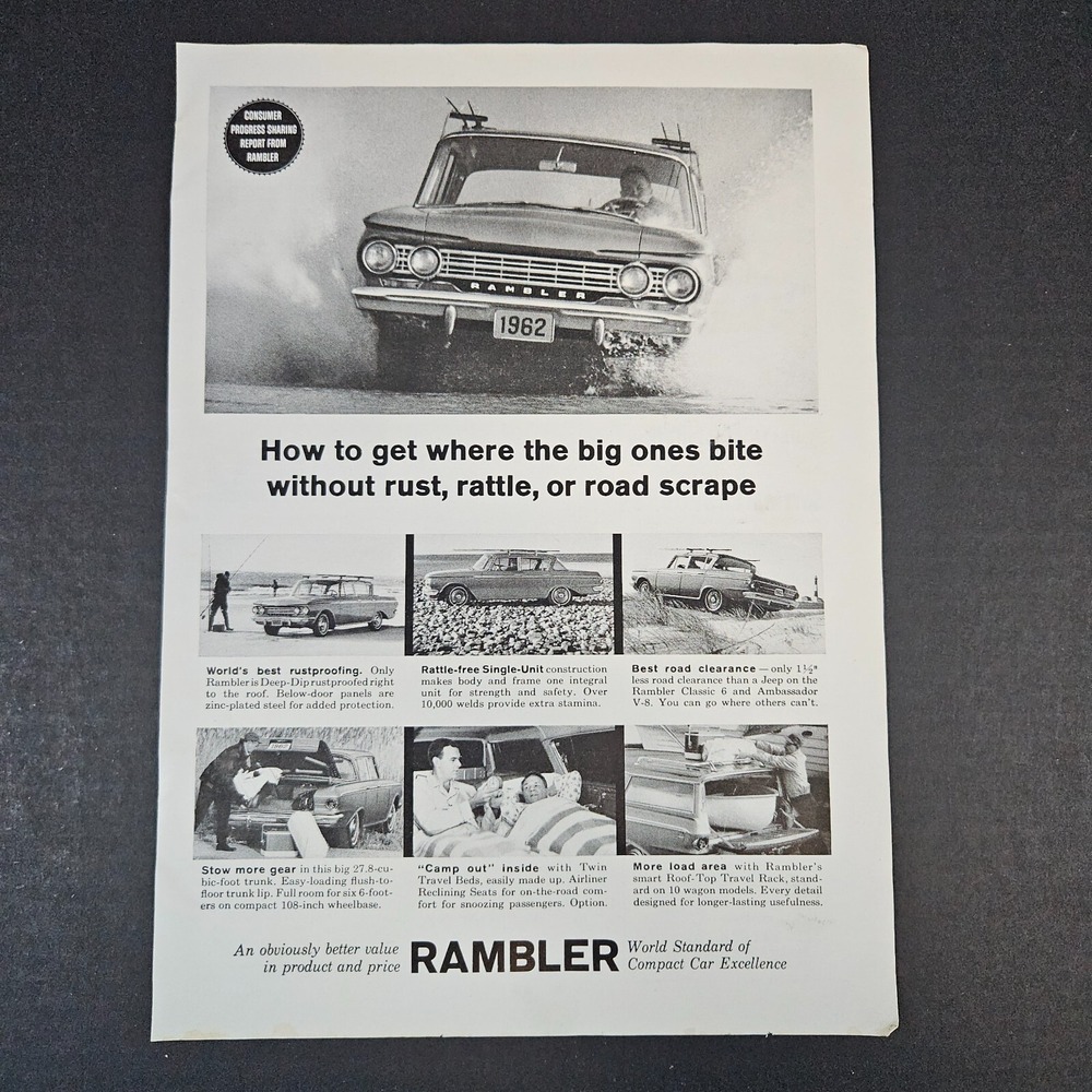 1962 AMC Rambler Classic 6 Ambassador V-8 Vintage Print Ad Twin Travel Beds